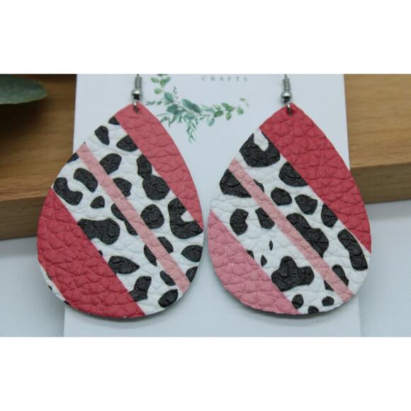 Lightweight Genuine Leather Animal Print with Pink Stripes Teardrop Earrings - Picture 3 of 3